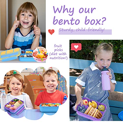 QQKO Bento Lunch Box for Kids & Adults with 4 Compartments, Utensils, and Sauce Cup, Purple
