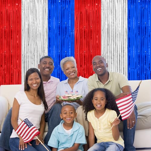Patriotic Red White and Blue Tinsel Foil Fringe Curtain Backdrop - 2 Pack