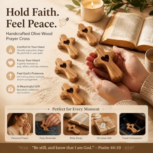 YOYAI 2.5-Inch Olive Wood Prayer Cross with Heart Cutout - Handheld Clinging Cross, Style B