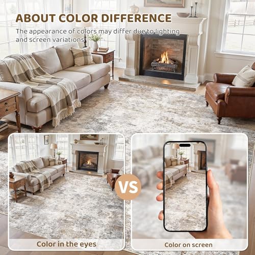 8x10 Abstract Area Rug, Washable Neutral Modern Carpet for Living Room