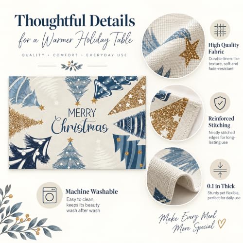 Merry Christmas Placemats Set of 4 - 12x18 in with Christmas Trees (Blue/White) by Taskoge