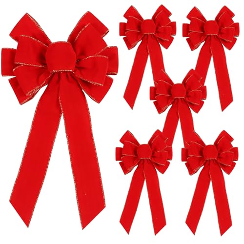 Yuubin Red Velvet Christmas Bow 12x20 in - Large Wreath Topper with Gold Edge & Glitter String (6 Pcs)