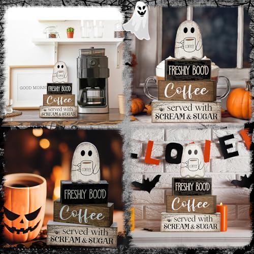 4-Piece Halloween Wooden Ghost Coffee Bar Decor Set - Rustic Tiered Tray Sign