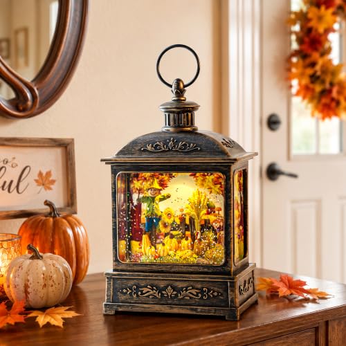 Fall Harvest Snow Globe Lantern with LED Glitter and Timer