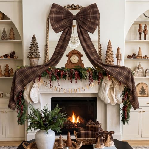 Norme 6 Ft Brown Tartan Plaid Christmas Tree Topper Bow - Large Holiday Decor