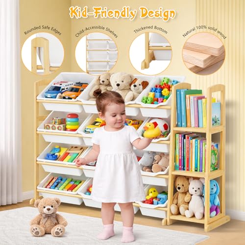 Kids Toy Storage Organizer with 16 Bins & 3 Shelves - Wooden Playroom Rack