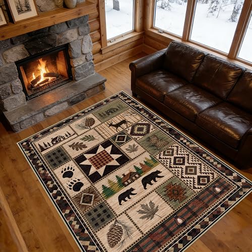 5' x 7' Bear Area Rug Rustic Cabin Deer Machine Washable Home Decor
