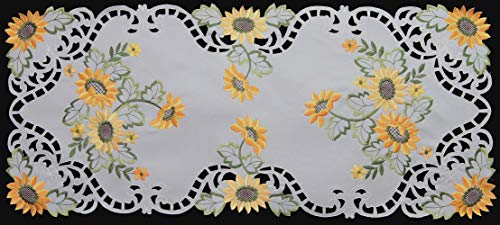 Sunflower Embroidered Table Runner 15x34 White Polyester Home Decor