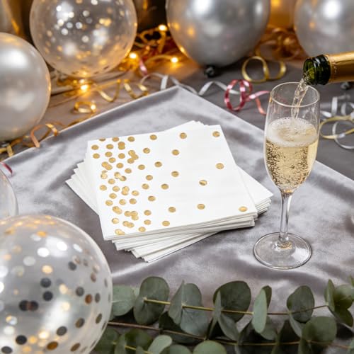 Mealivos Gold Dot 80 Pack White Paper Cocktail Napkins 5x5in 3-Ply Party Supplies