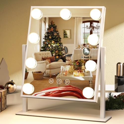 ZL ZELing White Vanity Mirror with Lights 9 Bulbs, Dimmable Touch Control, 360° Rotation