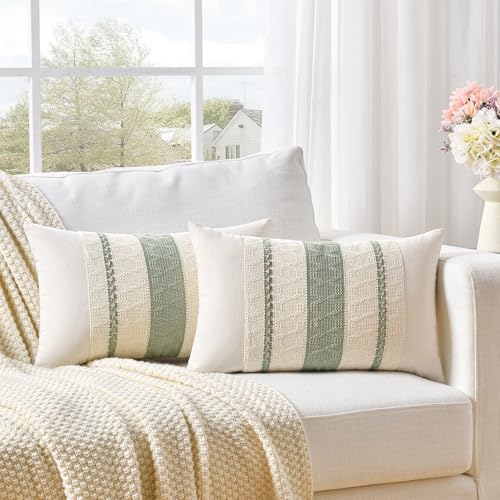 Sage Green Boho Lumbar Pillow Covers 12x20 - Set of 2 Macrame Cushion Cases