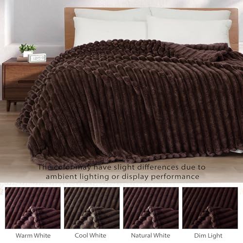 Exclusivo Mezcla Queen Size Striped Fleece Blanket - Coffee 90x90 in, Soft Cozy Bed Throw