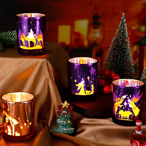 Nativity Scene Glass Advent Tealight Candle Holders - 4 Pack (Purple & Pink)