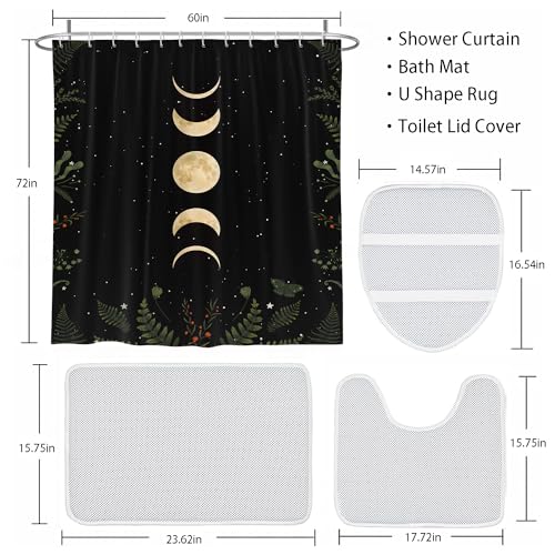 Gold Moon Phase Gothic Bathroom Decor Set - 4-Piece Shower Curtain & Rugs