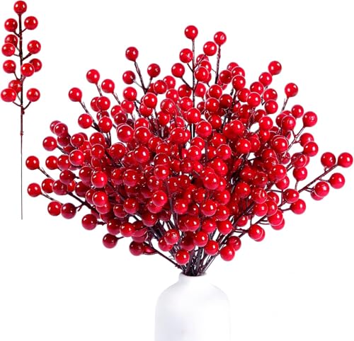 60 Pack Artificial Red Berry Stems 8.9in Christmas Picks Holly Branches for Christmas Tree Decor, DIY, Wedding