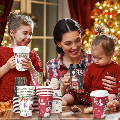 Hallswl 200Pcs 12 oz Christmas Paper Cups with Lids - Santa Snowman Holly Design (40 per pattern)
