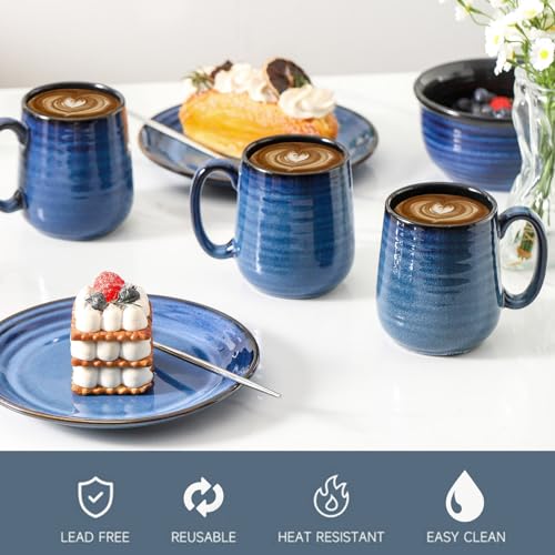 HASENSE Navy 12 oz Coffee Mug Set of 6 - Reactive Glaze Ceramic Cups for Tea, Soup & Drinks