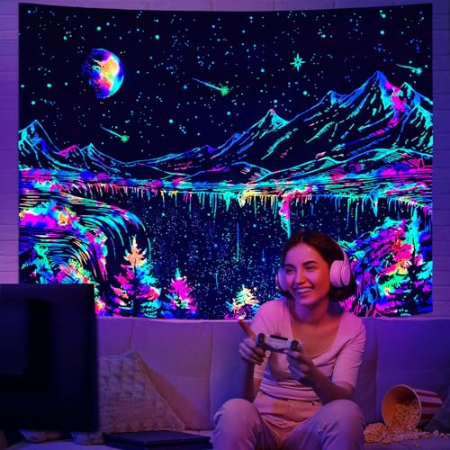 Blacklight Mountain Tapestry Glow in the Dark Moon Stars Wall Hanging (48" x 36")