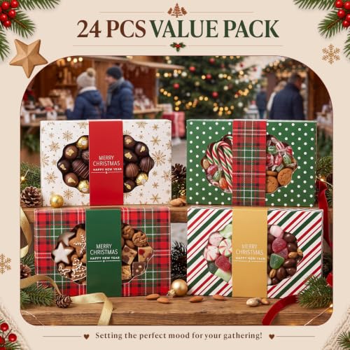 Gueevin 12 Pcs Christmas Cookie Boxes Gift Set, 8.5 x 5.75 x 2.75 in, Vintage Designs (12 Count / 4 Styles)