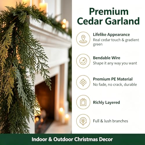 SaijinGlow 9ft Real Touch Cedar Christmas Garland – Green (Christmas Green) with Flexible Wire
