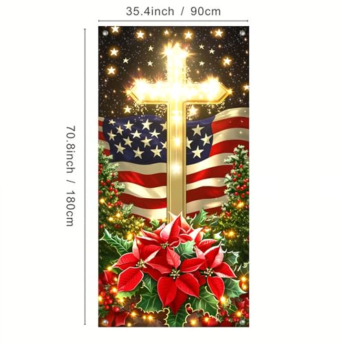 IVN Patriotic Cross Door Cover Christmas Flag with Poinsettias and Gold Cross - 35x71 Inch