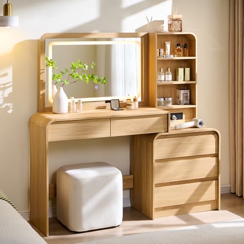 50" Modern Makeup Vanity Desk with LED Mirror, 5 Drawers & Charging Station