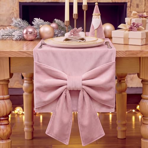 Frienda Pink Velvet 3D Bow Table Runner Christmas Party Decor