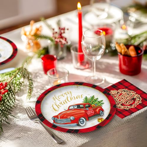 Christmas Paper Plates and Napkins Set - Buffalo Plaid Holiday Dinnerware, 200 Pieces
