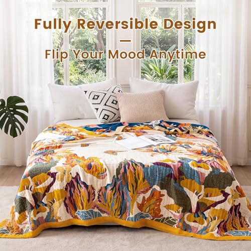 Boho 100% Cotton Throw Blanket - Soft Lightweight Woven Quilt for Couch & Bed