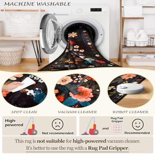 Floral Washable 5x7 Area Rug - Non-Slip Low-Pile Boho Flower Carpet