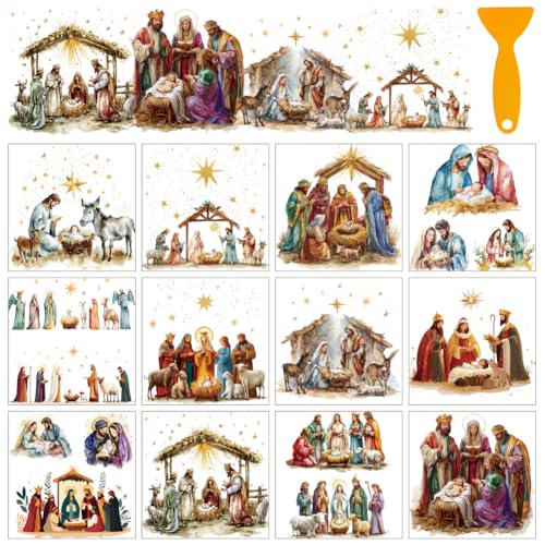 AHANDMAKER 12 Sheets Christmas Nativity Scene Window Clings Christmas Rub on Transfer Stickers Furniture Decal for Home School Office Decoration DIY Crafts Supplies, 5.5x5.5