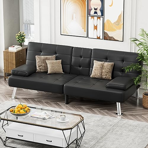 Modern Faux Leather Futon Sofa Bed with Adjustable Backrest and Cup Holders