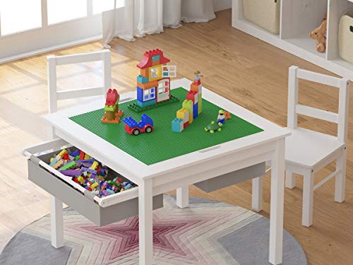 UTEX Kids Construction Play Table & Chairs Set - White with Gray Drawer, 2-in-1 Toddler Activity Table for Building & Creative Play