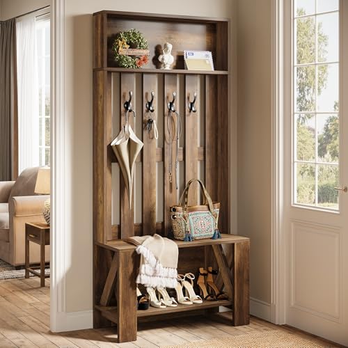 Rustic Hall Tree with Shoe Bench and Coat Hooks, 71-inch Entryway Organizer
