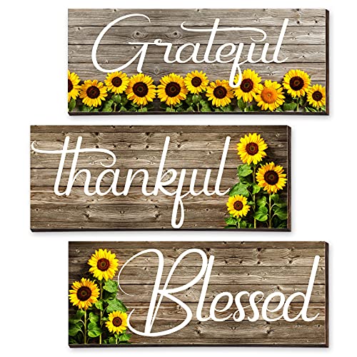Farmhouse Sunflower Wooden Wall Art Signs, Thankful Grateful Blessed Plaques