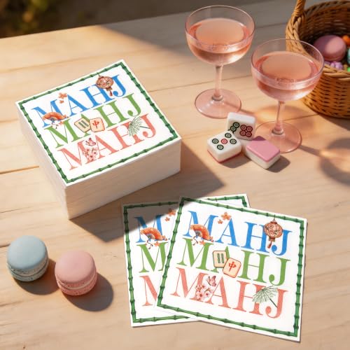 Green Mahjong Disposable Cocktail Napkins 5x5 Inches, 50 Pcs - Bamboo Design