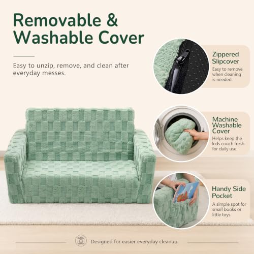 2-in-1 Fold-Out Toddler Couch and Lounger, Soft Flannel Kids Sofa - Green