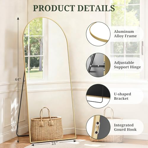 Arched Full Length Floor Mirror 64"x21" with Stand & Aluminum Frame