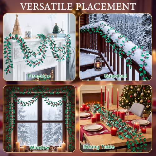 2 Pack Christmas Holly Garlands with Red Berries, 33 ft Total