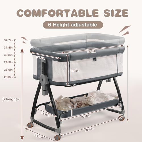Adjustable Baby Bedside Sleeper Bassinet with Mattress & Wheels - Gray