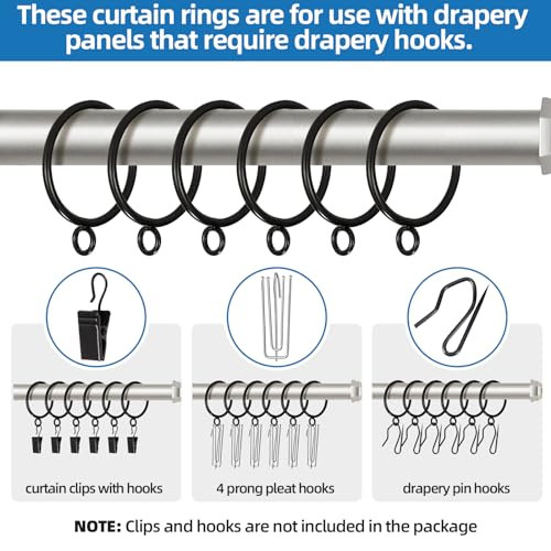 42 Pack Metal Curtain Rings with Eyelets, 1.5 Inch Inner Diameter, Black