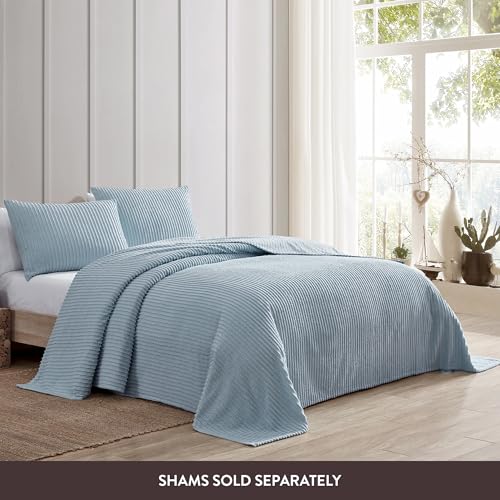 Queen Channel Chenille Bedspread - Soft 100% Cotton Blue Bedcover