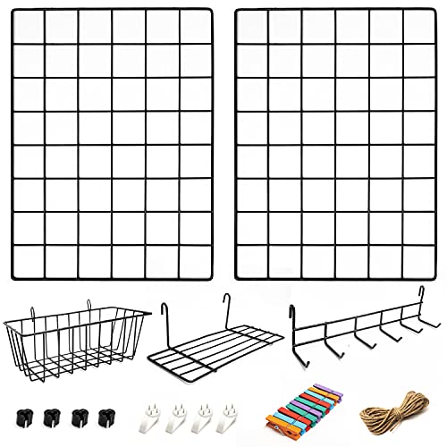 2-Pack Metal Wire Wall Grid Panels with Hanging Basket, Shelf and Hooks