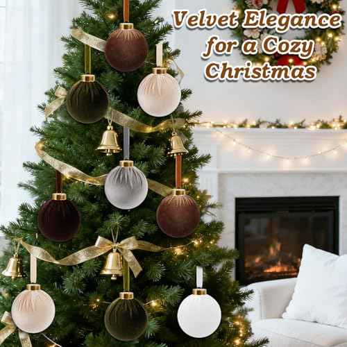 Shaxcoq 12-Pack Velvet Christmas Ornaments – 6 Color Neutral Velvet Ball Set with Ribbons