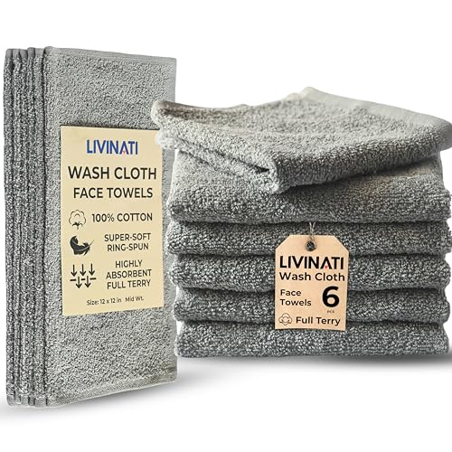 Gray 100% Cotton Washcloths 12"x12" - 6 Pack Soft Absorbent Bath Rags