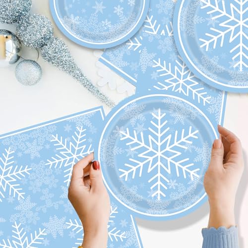 Snowflake Disposable Paper Plates and Napkins Party Set for Winter Wonderland & Christmas