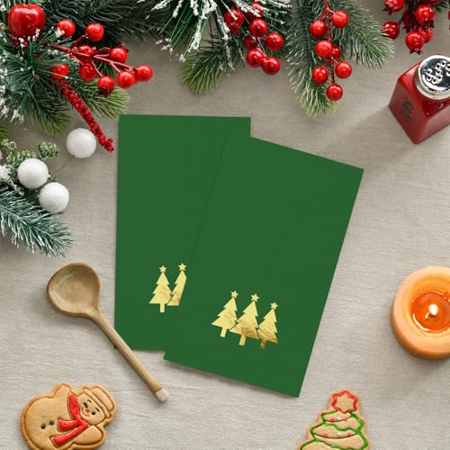 Horaldaily 100Pcs Christmas Napkins 4.3x7.9in Green Gold Foil Trees, 2-Ply