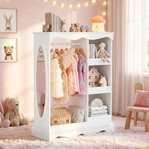 Kids Wooden Dress-Up Wardrobe with Full-Length Mirror and Storage Shelves
