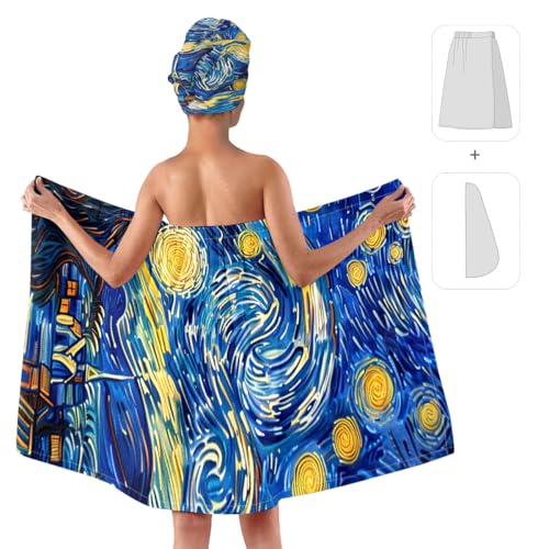 Starry Night Spa Bath Wrap Towel Set with Hair Turban (Blue & Yellow)