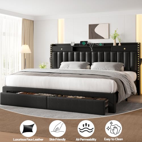 King Size Upholstered Bed Frame with Storage Drawers & Charging Ports